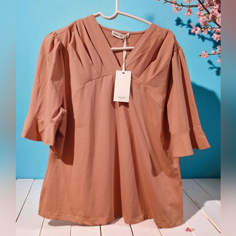 Grace Karin Rose Pink Bell Sleeves Vneck Pleated Shirt Womans 2x Flowy Drape - Picture 1 of 10